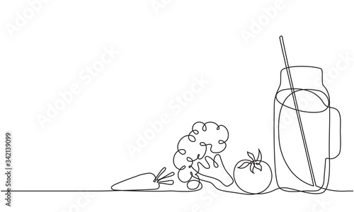 Detox cocktail. Vegetable juice, smoothie. Broccoli, tomato, carrot, cabbage. Dietetic nutrition. Continuous line drawing. Vector sketch.