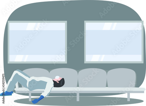 Tired doctor is fall asleep on queue chair