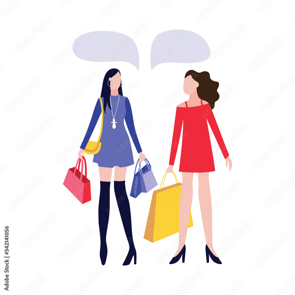 Two cartoon women with fashion store shopping bags talking