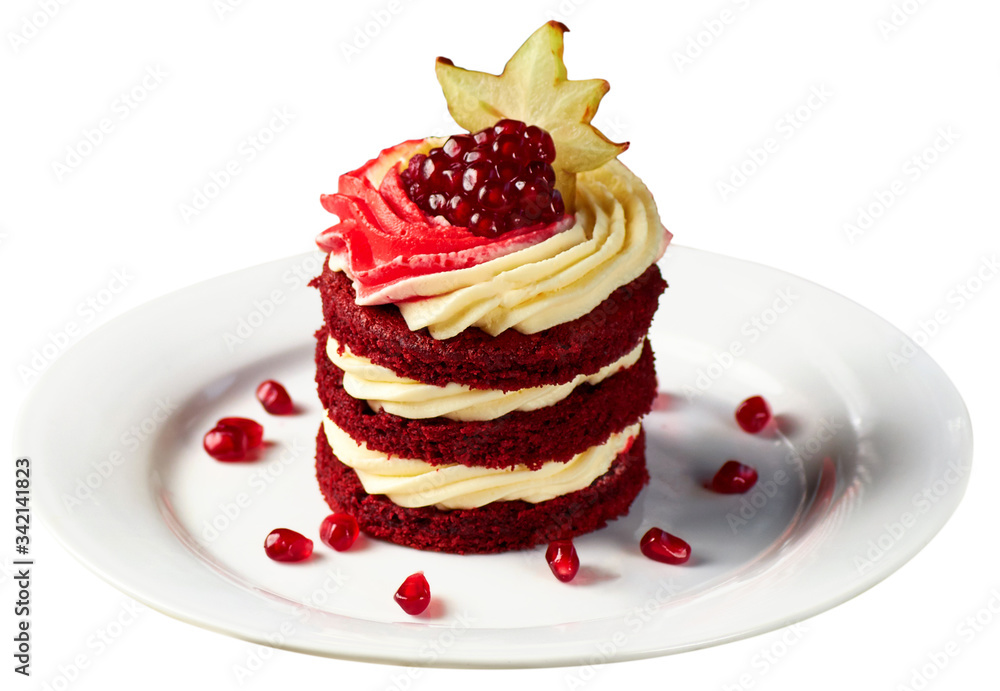 Cake Red Velvet with pomegranate and carambola, served with glass of fruit tea. Cake Red Velvet with pomegranate and carambola, served with glass of fruit tea.