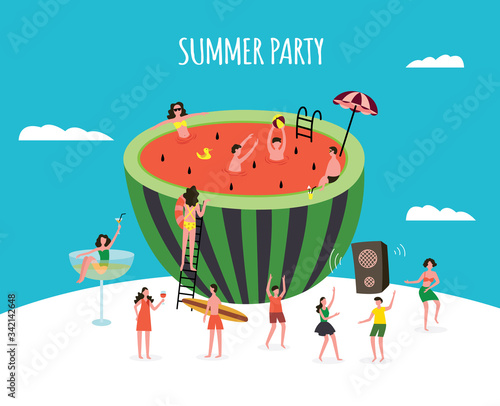 Summer party banner with watermelon and people flat vector illustration.