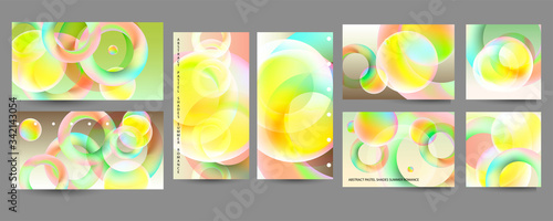 Abstraction set posters layout collection with vibrant blurred gradient circles pastel summer shades. Stock illustration eps 10