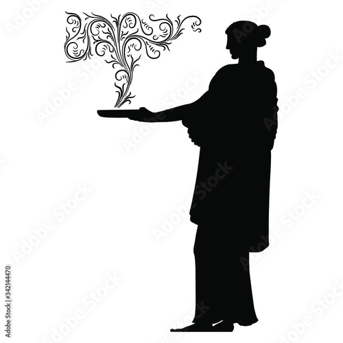 Isolated vector illustration. Standing antique woman holding steaming dish or smoking bowl. Black silhouette on white background.