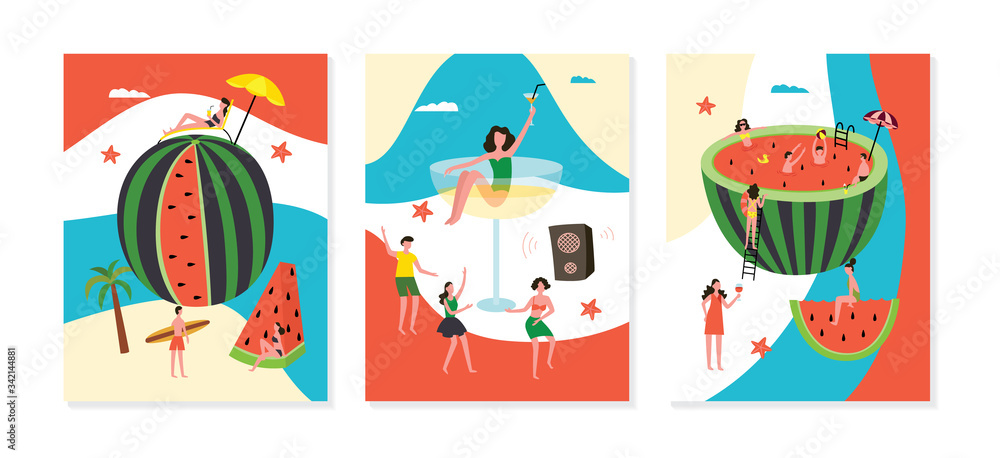 Set of banners for party with watermelon and people, flat vector illustration.