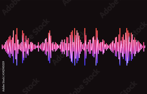 Modern neon soung wave frequency logo. Digital audio concept of music technology. Stylized wave lines, design elements. Abstract colorful pulse equalizer background