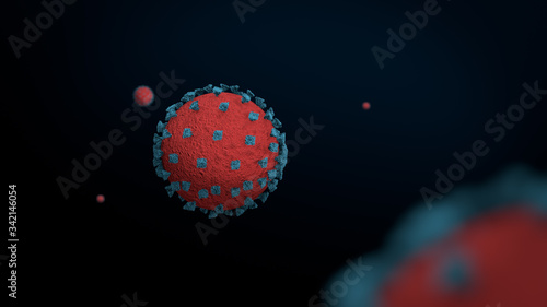 Ilustración minimalista en tonos rojos y azules de virus. Del nuevo Coronavirus también conocido como Covid 19 que causa la pandemia 2020.