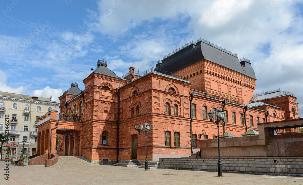 The building of the city theater in Mogilev. Mogilev Regional Drama Theater. Monument of architecture of the XIX century. Facade decoration is made in pseudo-Russian style.