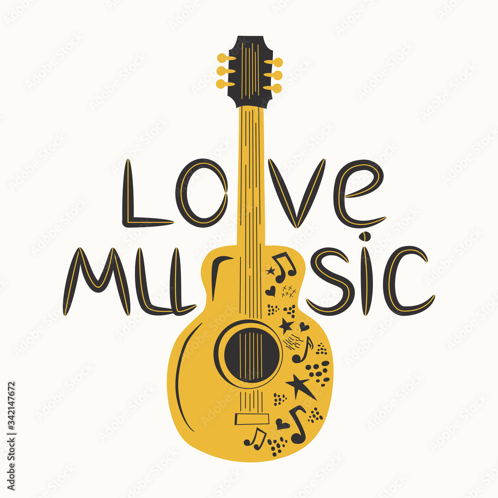 Fototapeta Acoustic guitar surrounded by notes, the inscription Love Music, Country Music. Country Cowboy Music Festival Creative Event Live Event Poster Concept