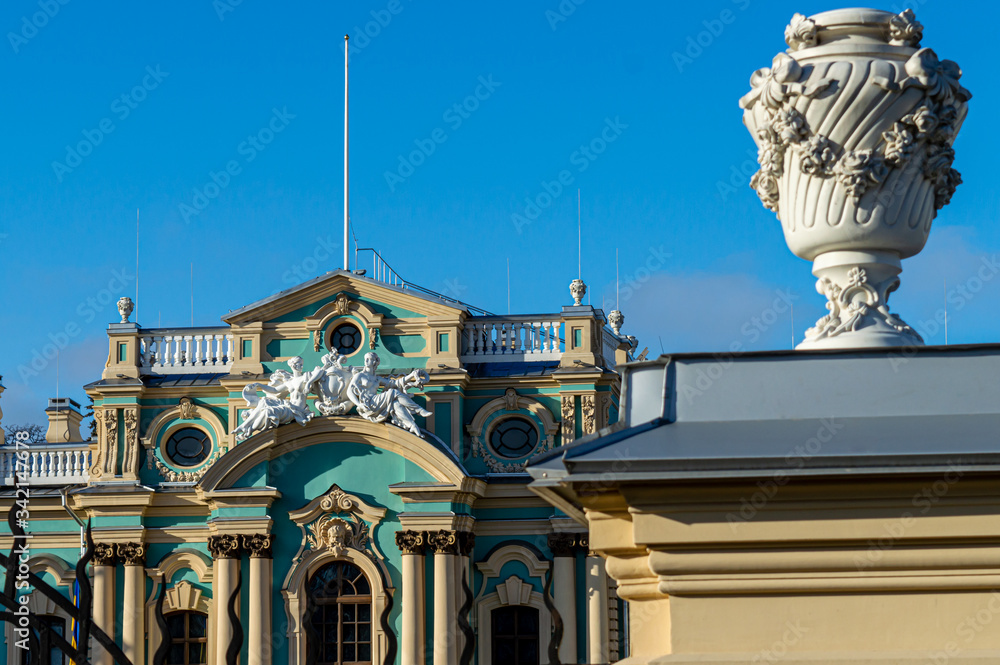 Fototapeta premium A front view of Mariyinsky Palace, the official ceremonial residence President of Ukraine in Kyiv, Ukraine on January 12, 2020. 