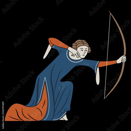Isolated vector illustration. Medieval woman with bow. Archer lady. Illuminated manuscript motif.