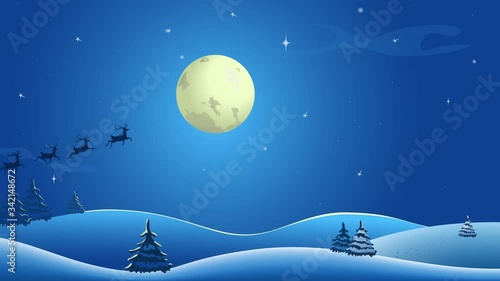 Christmas greeting card video. Peaceful landscape in winter. A dreaming valley with fir-trees and houses in snow. Santa Claus in a sleigh with reindeer flies along the evening valley. Moon and stars.