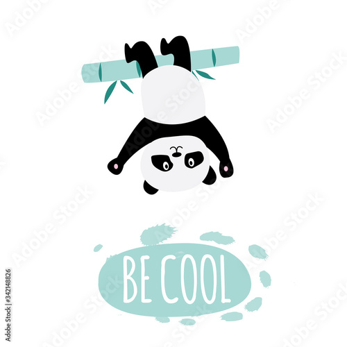Be cool - cute cartoon panda hanging upside down from bamboo branch