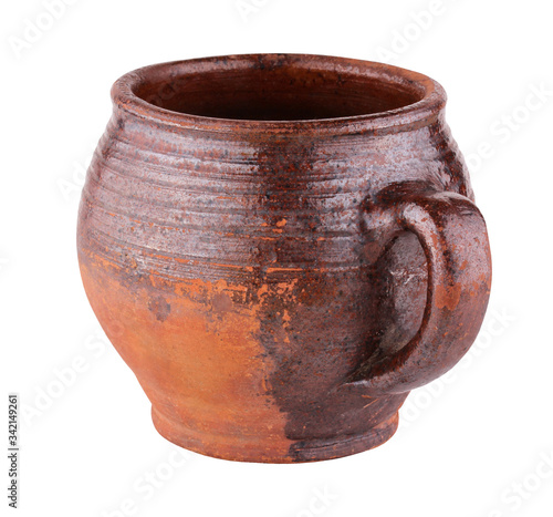 clay pot with handle isolated on a white background. © Elena