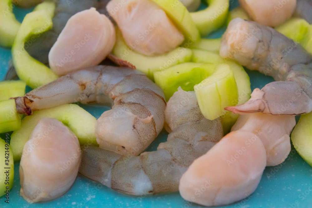 close up of a delicious plate of ceviche with shrimp, scallops