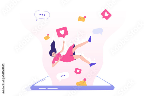 Social media addiction. Sad woman falling into screen of huge smartphone. Comment. Share. Follow. Speech Bubble. Chatting. Social media influence. Modern isolated vector illustration