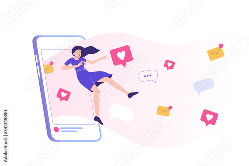 Social media addiction. Sad woman is absorbed by the huge smartphone screen. Comment. Share. Follow. Speech Bubble. Chatting. Device. Social media influence. Modern isolated vector illustration