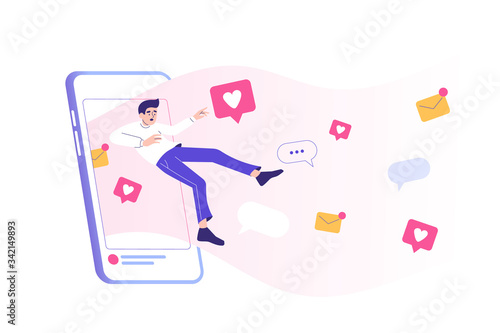 Social media addiction. Sad man is absorbed by the huge smartphone screen. Comment. Share. Follow. Speech Bubble. Chatting. Social media influence. Device. Modern isolated vector illustration