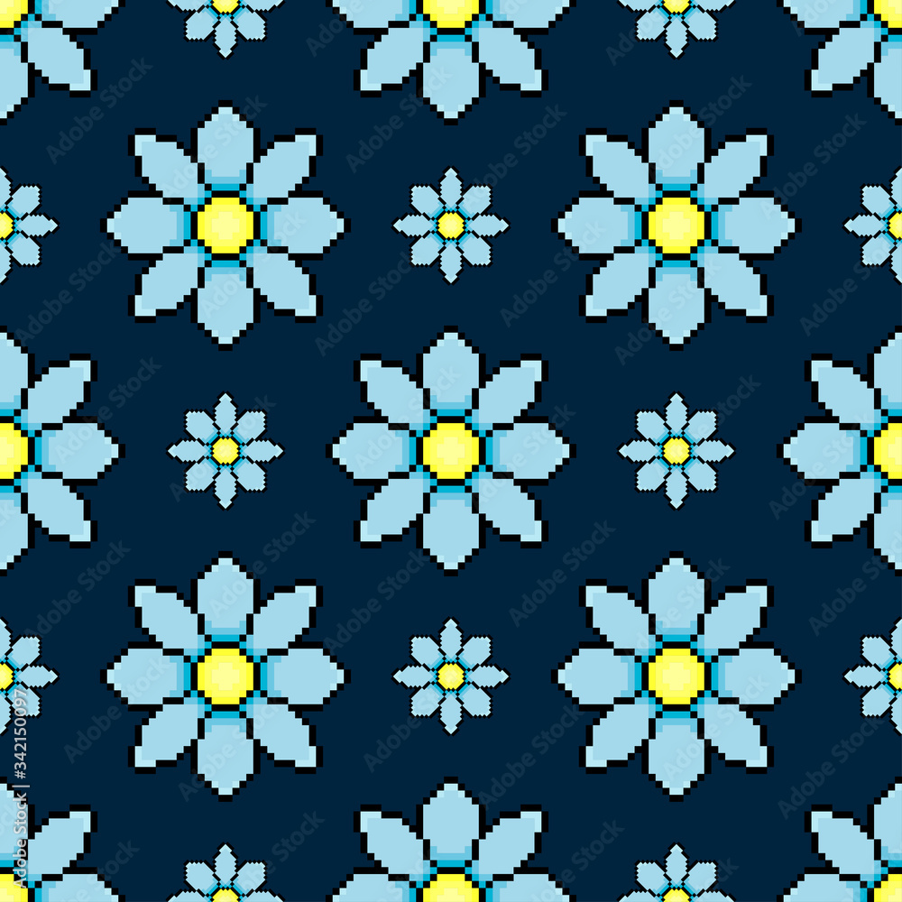 Beautiful pixel flowers isolated on a dark blue background. Seamless pattern. Vector graphic illustration. Texture. Beautiful pixel flowers isolated on a dark blue background. Seamless pattern. Vector graphic illustration. Texture.
