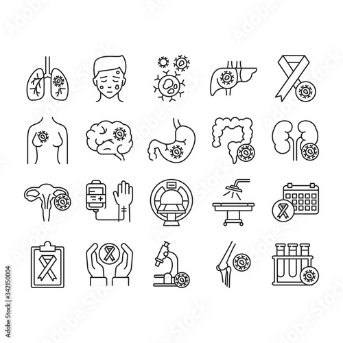 Cancer different organs line black icons set. Oncology. Medical diagnostic. Isolated vector elements. Outline pictograms for web page, mobile app, promo.