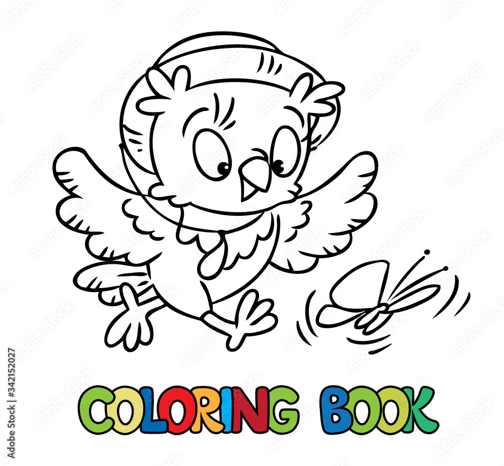 Funny little owl catching butterfly. Coloring book Funny little owl catching butterfly. Coloring book