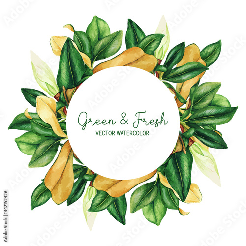 Round banner with hand drawn watercolor dark green leaves