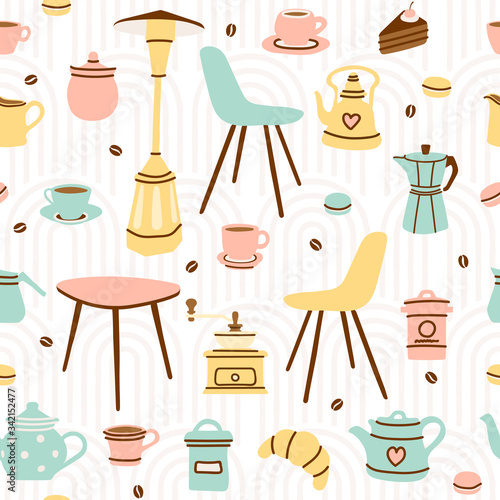 Retro cafe seamless pattern - cute romantic cafe bar illustration elements as repeat background in pastel colors photo