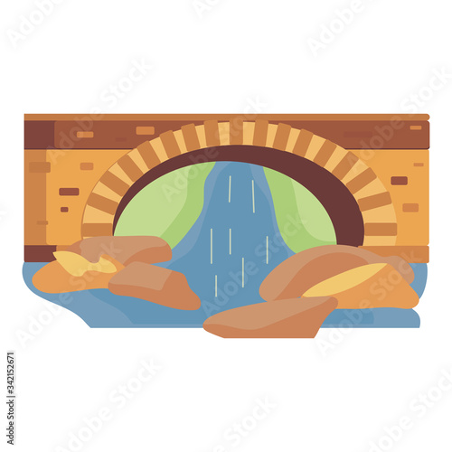 Cartoon stone brown bridge with river, waterfall and some green trees icon - vector architecture flat illustration. Bridge-construction for transportation isolated on white background. Design for web