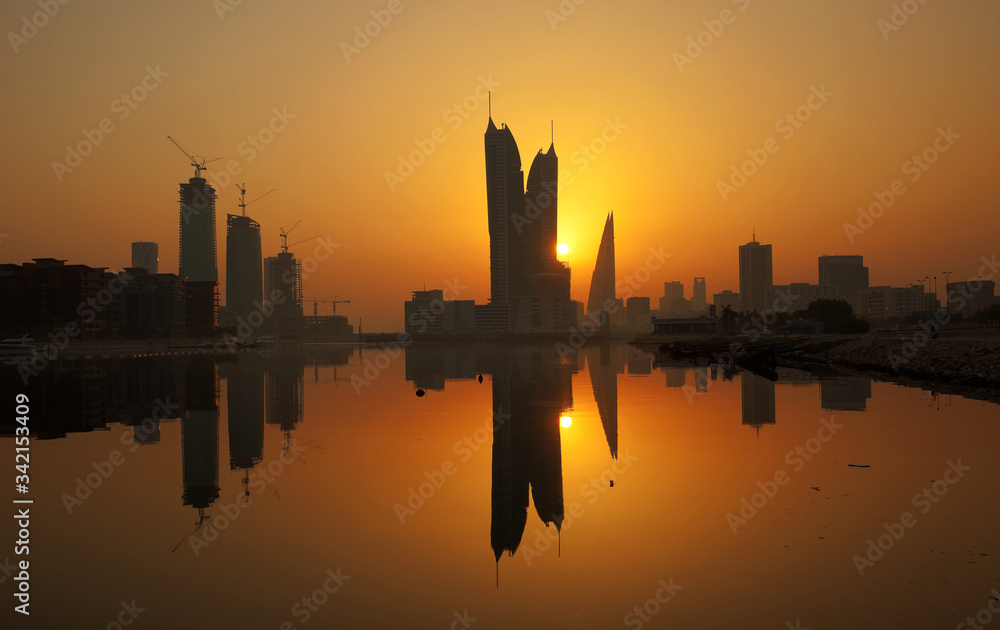 Bahrain skyline with iconic buildings during sunrise