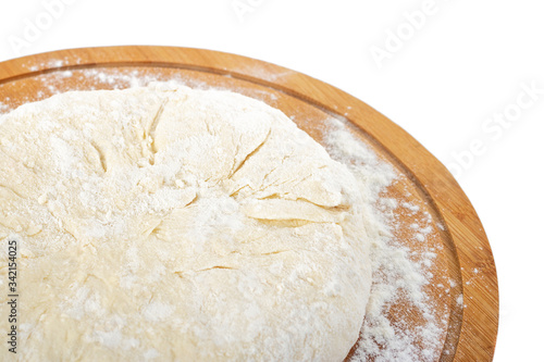 Dough for Georgian traditional food khachapuri on a wooden dish on white