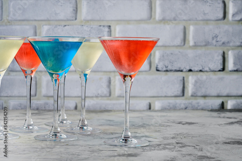 Gliter drinks close up. Photo with copy space. Red, white and blue holiday drinks.