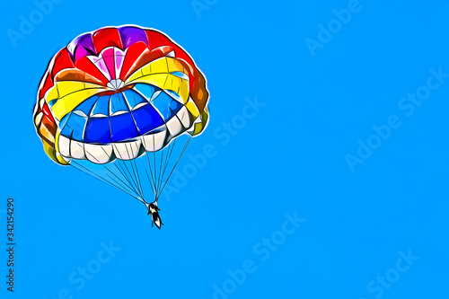 Drawing of a bright colorful parachute on blue background, isolated.