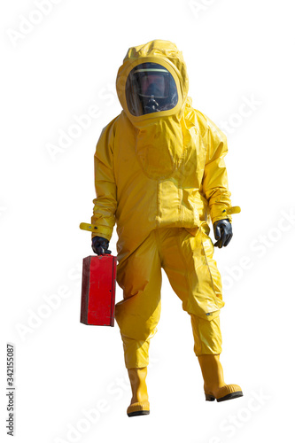 Isolated man with briefcase in protective hazmat suit.Epidemic virus. 
