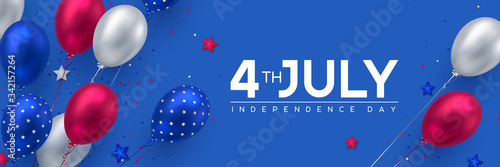 4th of July, USA Independence day banner. Glossy balloons in colors of American flag with confetti and stars. Vector illustration.