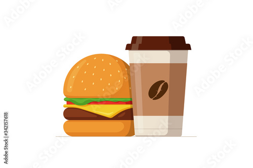 Cartoon colorful tasty burger and disposable paper coffee cup. Hamburger or cheeseburger with hot beverage. Fast food vector isolated flat eps illustration