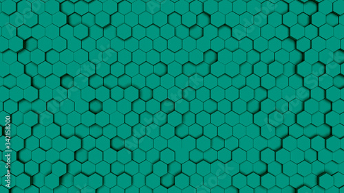Green Hexagonal cell seamless pattern, comb texture. 3D illustration. Background