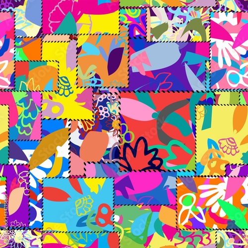 seamless patchwork pattern with roses.Abstract collage asymmetric pattern. Digital freehand art, grunge texture. Vector patchwork quilt background. Decorative elements, brush strokes ornament 