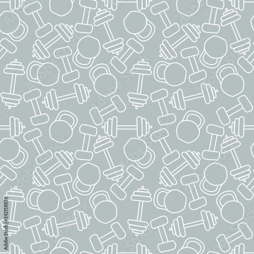 Gym tools: grey seamless pattern, sports wallpaper texture, wrapping print design. Vector graphics.