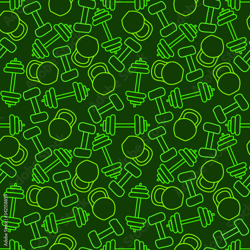 Green gym seamless pattern, spotrs wallpaper texture, wrapping print design. Vector graphics.