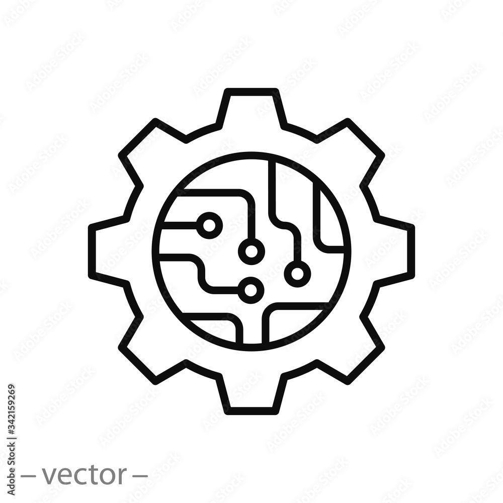 circuit board in the gear icon, microchip technology, tech logo, hardware engineering, thin line web symbol on white background - editable stroke vector illustration eps10 circuit board in the gear icon, microchip technology, tech logo, hardware engineering, thin line web symbol on white background - editable stroke vector illustration eps10