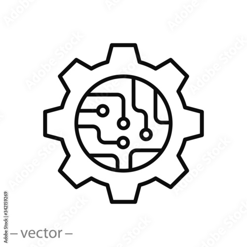 circuit board in the gear icon, microchip technology, tech logo, hardware engineering, thin line web symbol on white background - editable stroke vector illustration eps10