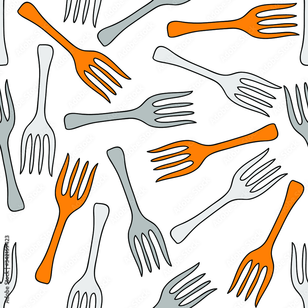 Orange and grey forks on white background: prickly seamless pattern, wallpaper texture, wrapping print design. Vector graphics. Orange and grey forks on white background: prickly seamless pattern, wallpaper texture, wrapping print design. Vector graphics.