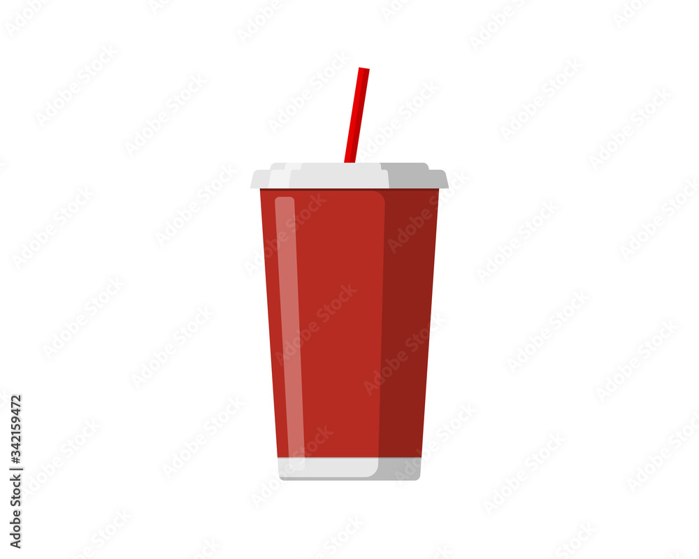 Red disposable paper or plastic beverage cup packaging template with drinking straw for soda or fresh juice cocktail. Vector mockup flat eps illustration isolated on white background