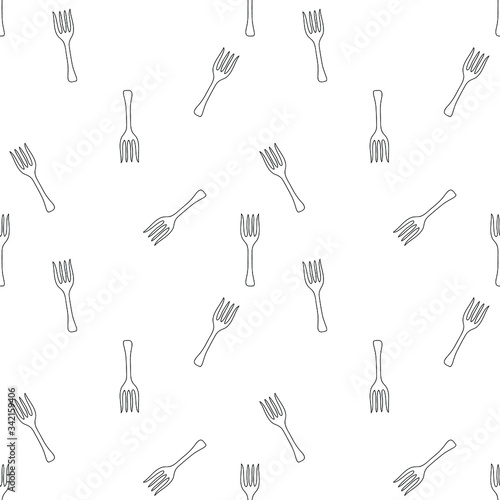 Colorless forks on white background: cutlery seamless pattern, wallpaper texture, food wrapping print design. Vector graphics.