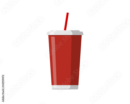 Red disposable paper or plastic beverage cup packaging template with drinking straw for soda or fresh juice cocktail. Vector mockup flat eps illustration isolated on white background
