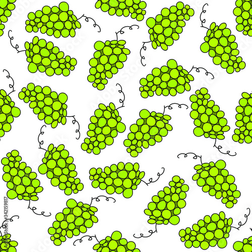 Green grapes on white background: juicy seamless pattern, wallpaper texture, wrapping print design. Vector graphics.
