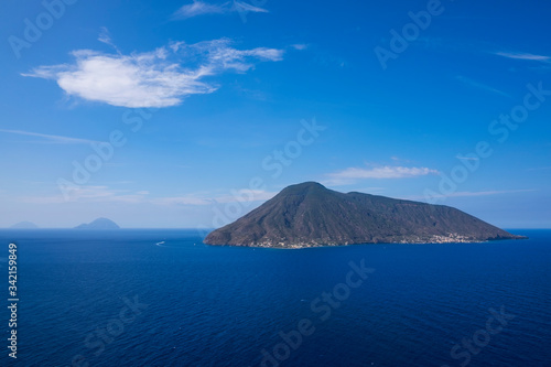 Volcano islands Salina, Alicudi, Filicudi during blue sky day, Sicily Italy.