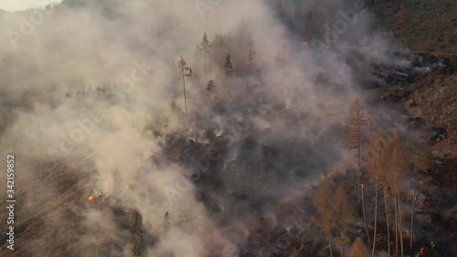4k aerial drone shot - extinguishing a forrest fire during sunset - nice color cinematic footage