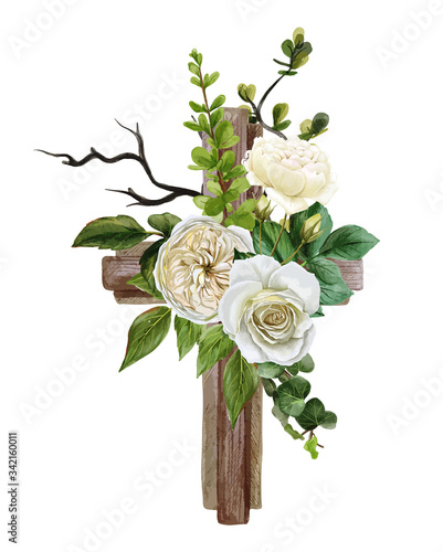 Christian wooden cross decorated with white roses and leaves