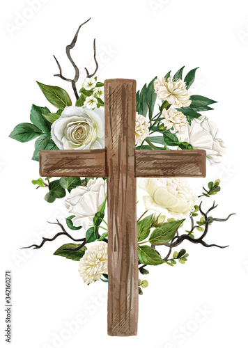 Christian wooden cross decorated with white roses and leaves