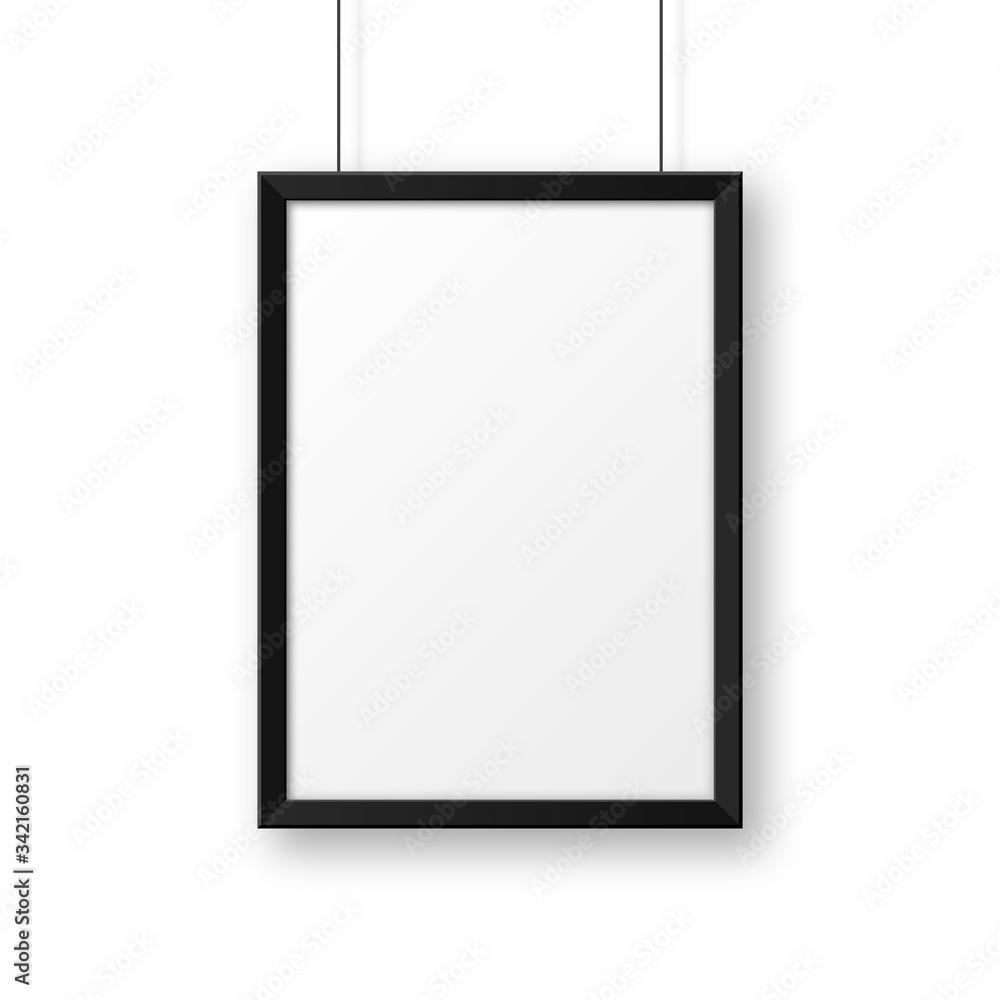 Realistic hanging on a wall blank black picture frame. Modern poster mockup. Empty photo frame. Vector illustration.